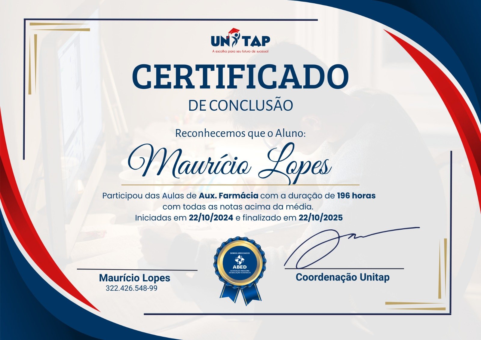 Frente do Certificado Unitap